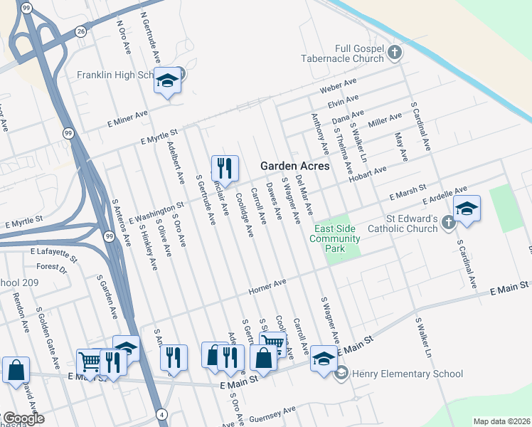 map of restaurants, bars, coffee shops, grocery stores, and more near 343 Dawes Avenue in Stockton