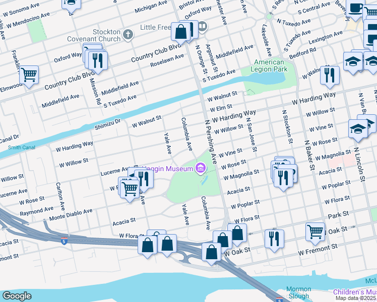 map of restaurants, bars, coffee shops, grocery stores, and more near 1524 Lucerne Avenue in Stockton