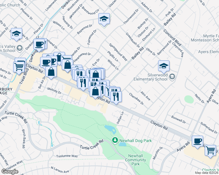 map of restaurants, bars, coffee shops, grocery stores, and more near 1522 Bailey Road in Concord