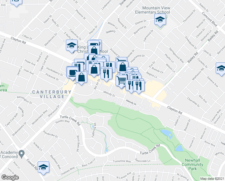 map of restaurants, bars, coffee shops, grocery stores, and more near 1463 Marclair Drive in Concord
