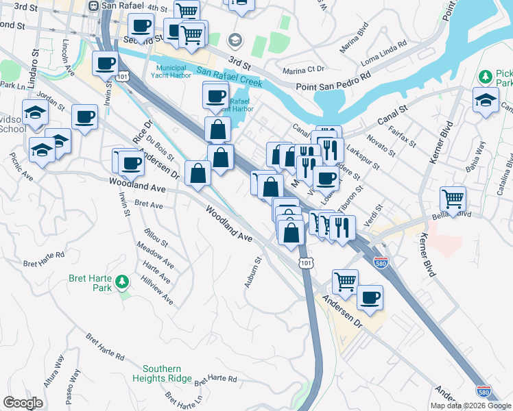 map of restaurants, bars, coffee shops, grocery stores, and more near 742 Francisco Boulevard West in San Rafael