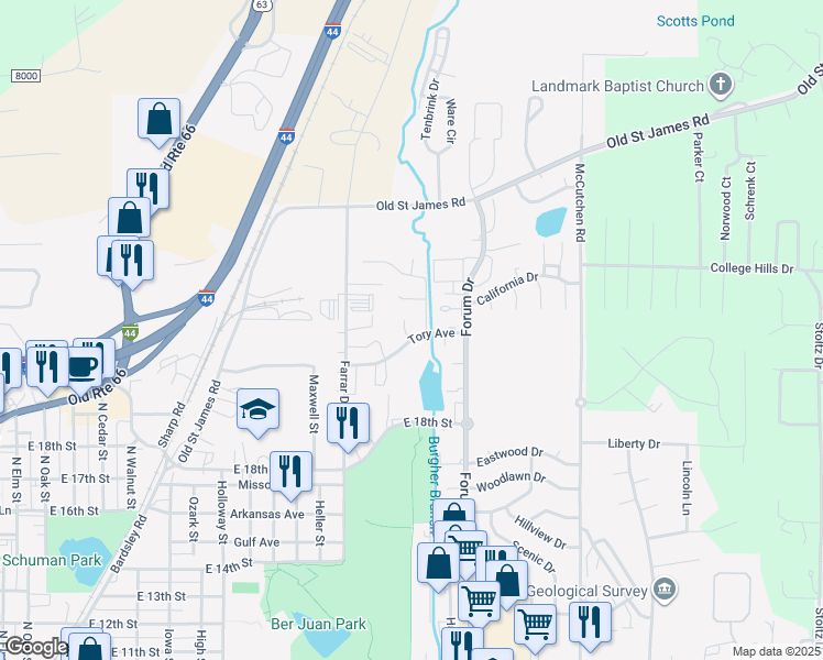 map of restaurants, bars, coffee shops, grocery stores, and more near 1901 Carol Street in Rolla