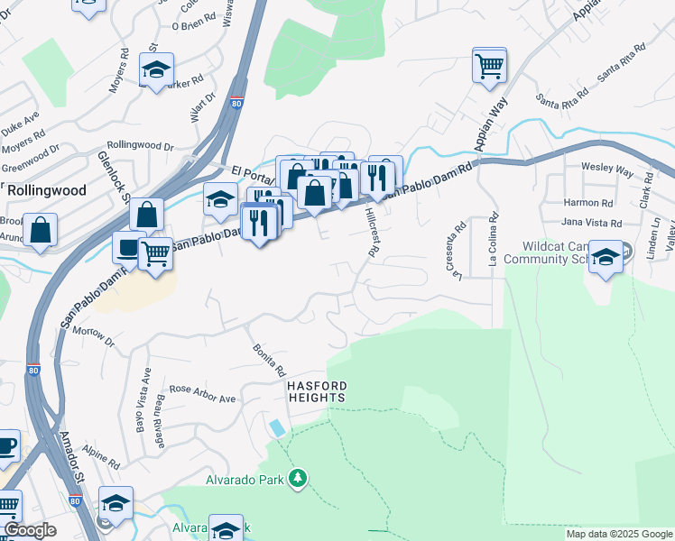 map of restaurants, bars, coffee shops, grocery stores, and more near Montera Court in El Sobrante