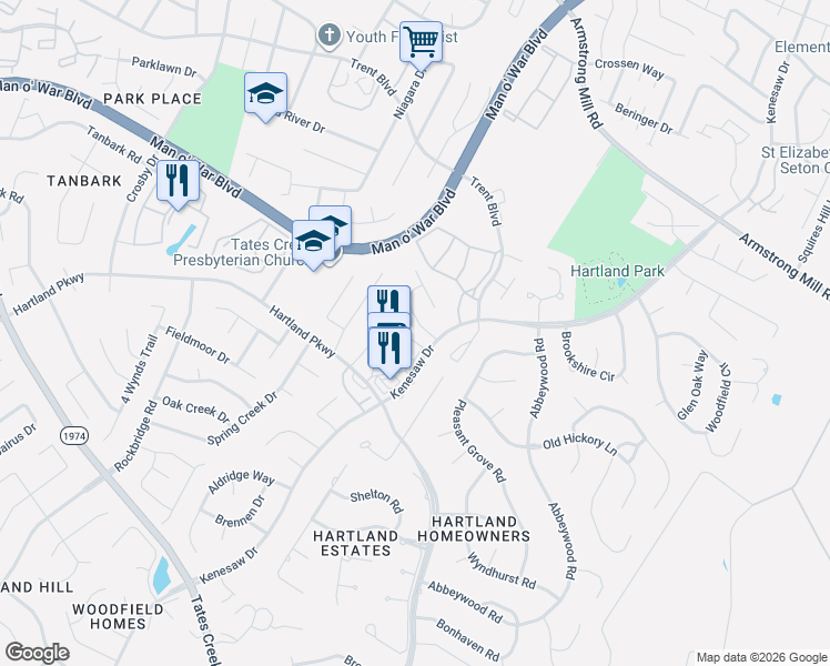 map of restaurants, bars, coffee shops, grocery stores, and more near 4792 Moss Creek Drive in Lexington