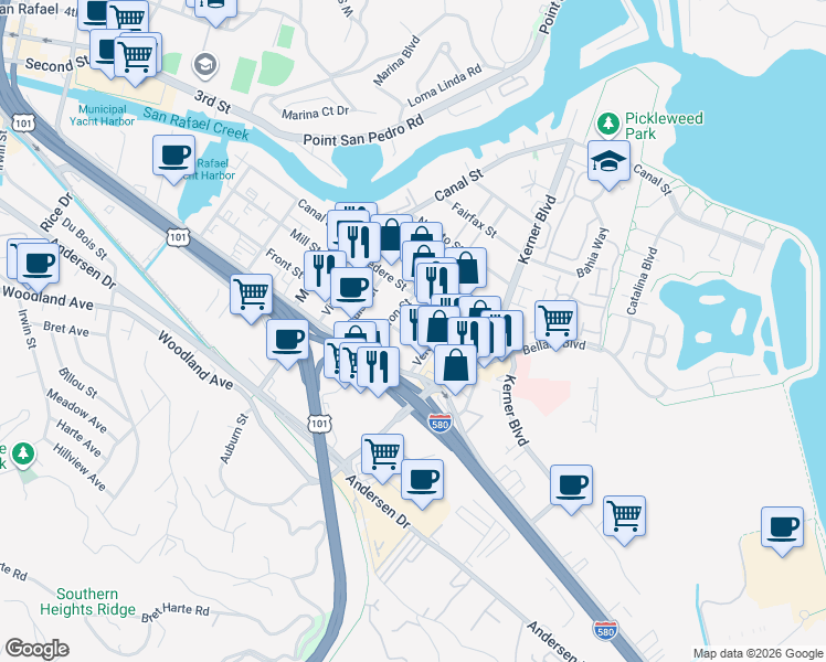 map of restaurants, bars, coffee shops, grocery stores, and more near 109 Verdi Street in San Rafael