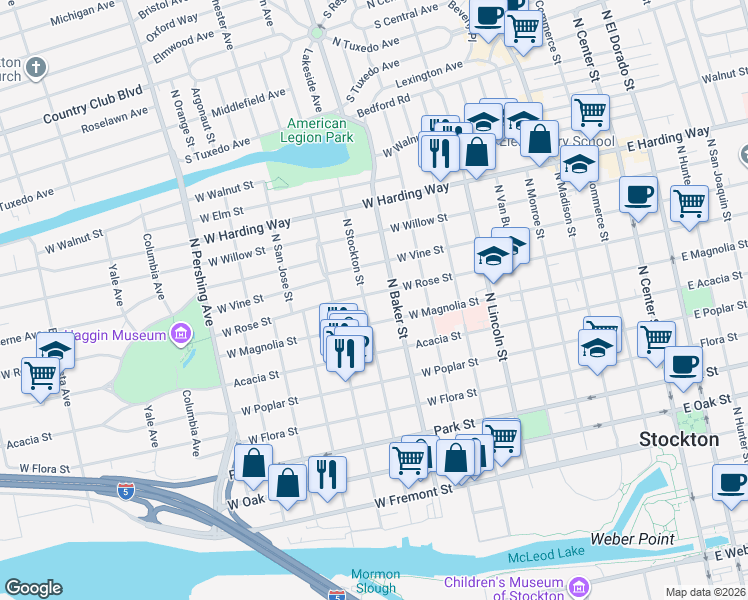 map of restaurants, bars, coffee shops, grocery stores, and more near 1121 North Baker Street in Stockton