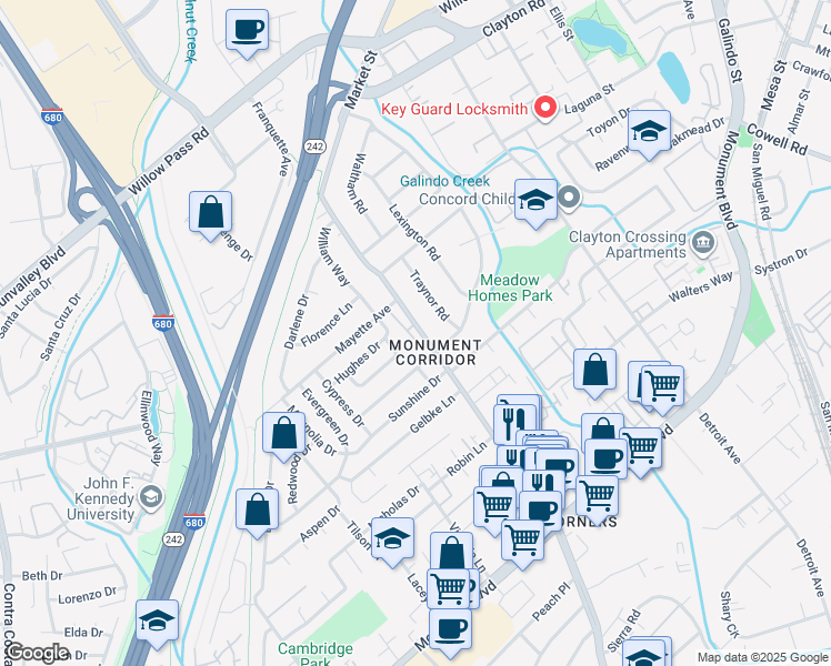 map of restaurants, bars, coffee shops, grocery stores, and more near 1312 Tapestry Lane in Concord