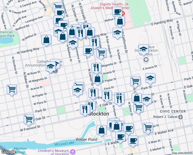 map of restaurants, bars, coffee shops, grocery stores, and more near 945 North El Dorado Street in Stockton