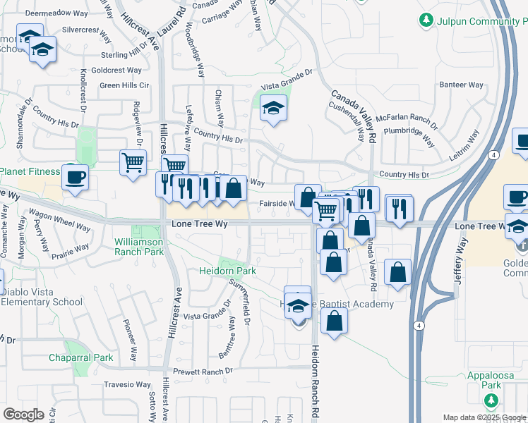 map of restaurants, bars, coffee shops, grocery stores, and more near 5218 Primrose Court in Antioch