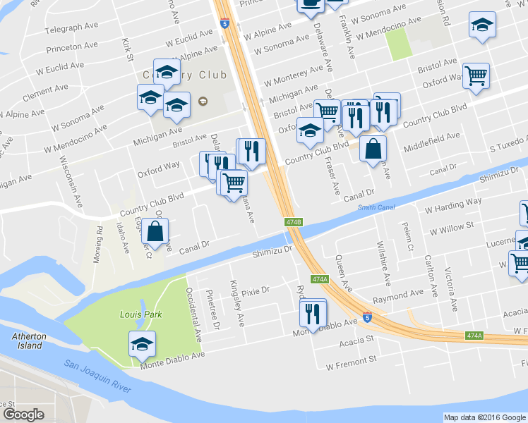 map of restaurants, bars, coffee shops, grocery stores, and more near 2142 Fontana Avenue in Stockton