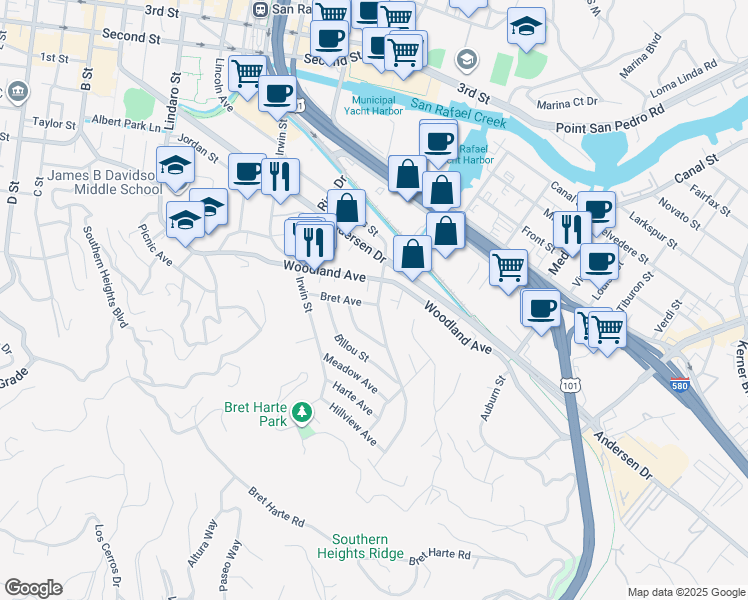 map of restaurants, bars, coffee shops, grocery stores, and more near 2 Bret Avenue in San Rafael