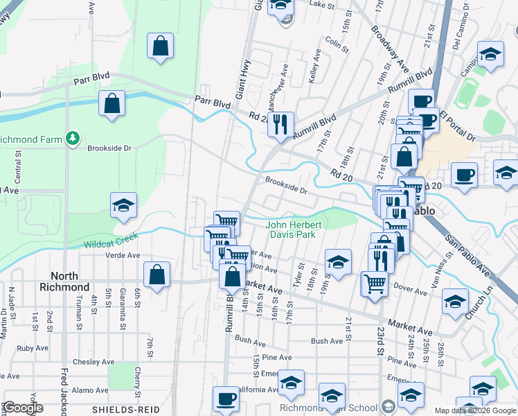 map of restaurants, bars, coffee shops, grocery stores, and more near 1334 Manor Drive in San Pablo
