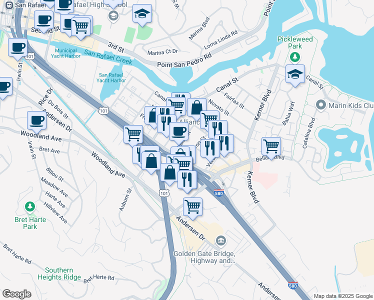 map of restaurants, bars, coffee shops, grocery stores, and more near 855 Francisco Boulevard East in San Rafael