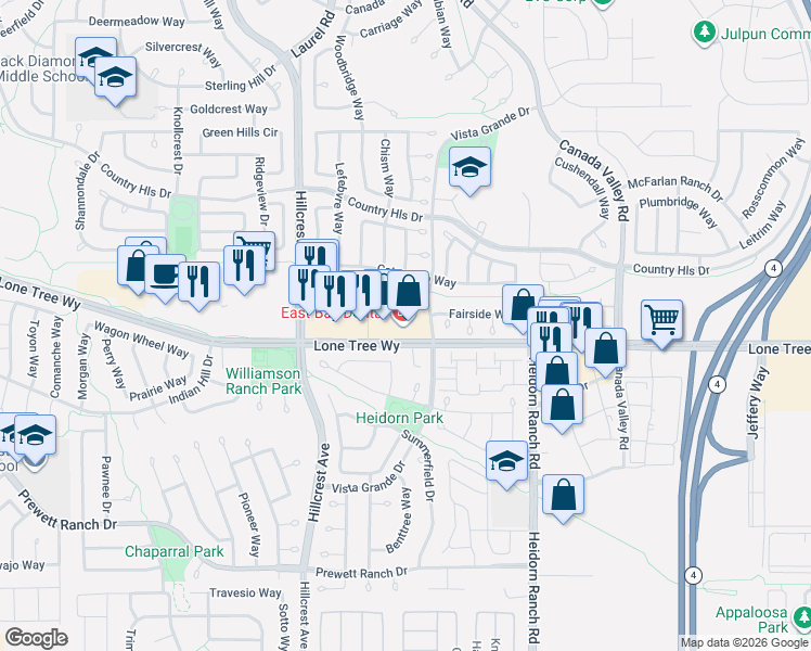 map of restaurants, bars, coffee shops, grocery stores, and more near 5159 Lone Tree Way in Antioch