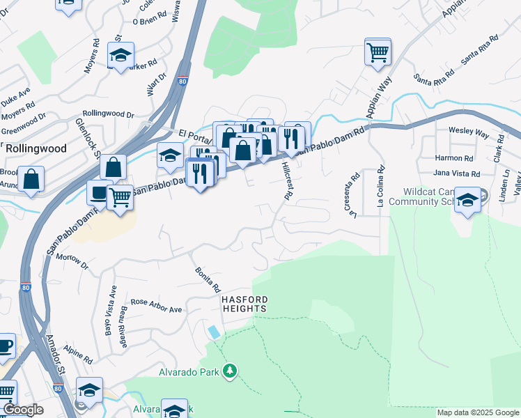 map of restaurants, bars, coffee shops, grocery stores, and more near Montera Court in El Sobrante