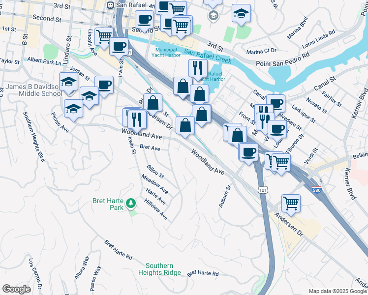 map of restaurants, bars, coffee shops, grocery stores, and more near 37 Woodland Avenue in San Rafael