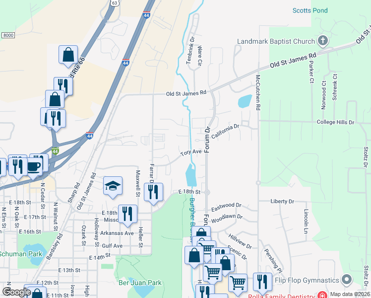 map of restaurants, bars, coffee shops, grocery stores, and more near 1109 Tory Avenue in Rolla