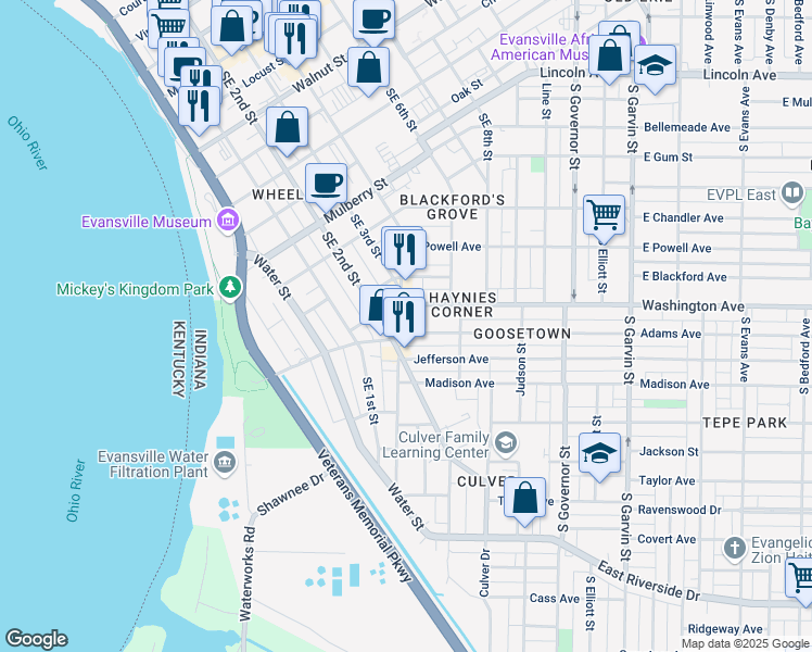 map of restaurants, bars, coffee shops, grocery stores, and more near 50 Adams Avenue in Evansville
