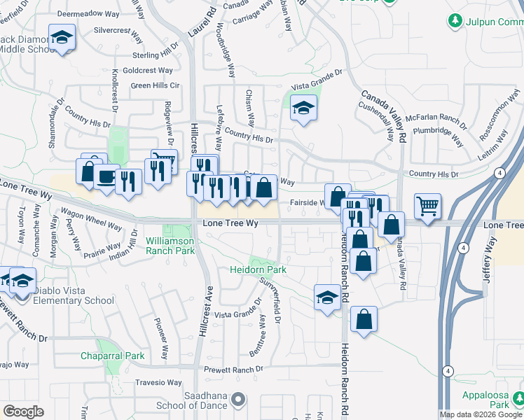 map of restaurants, bars, coffee shops, grocery stores, and more near 5159 Lone Tree Way in Antioch