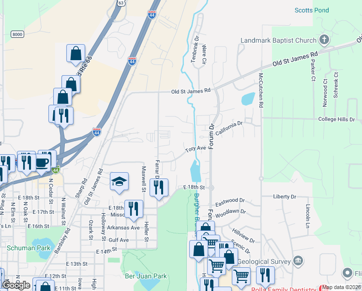 map of restaurants, bars, coffee shops, grocery stores, and more near 1901 Carol Street in Rolla