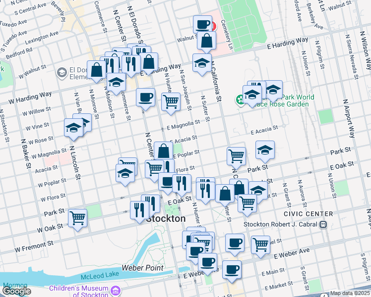 map of restaurants, bars, coffee shops, grocery stores, and more near 924 North El Dorado Street in Stockton