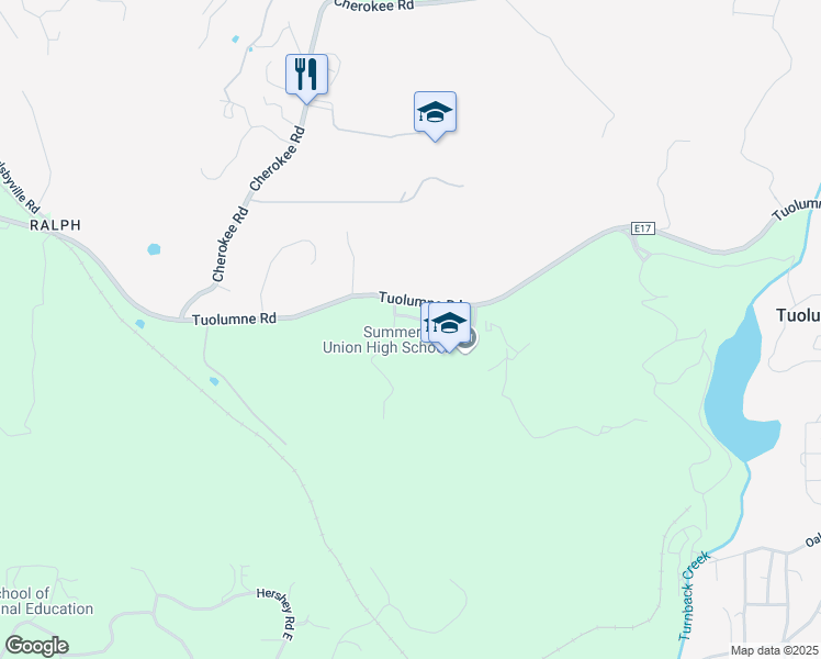 map of restaurants, bars, coffee shops, grocery stores, and more near 17555 Tuolumne Road in Tuolumne