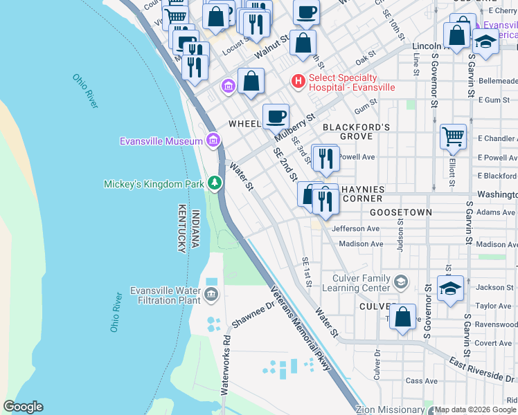 map of restaurants, bars, coffee shops, grocery stores, and more near 813 Southeast Riverside Drive in Evansville
