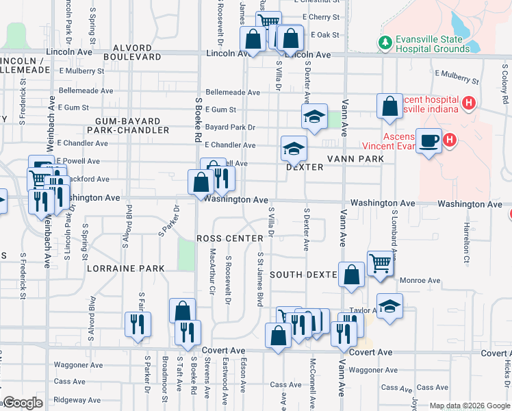 map of restaurants, bars, coffee shops, grocery stores, and more near 2617 Washington Avenue in Evansville