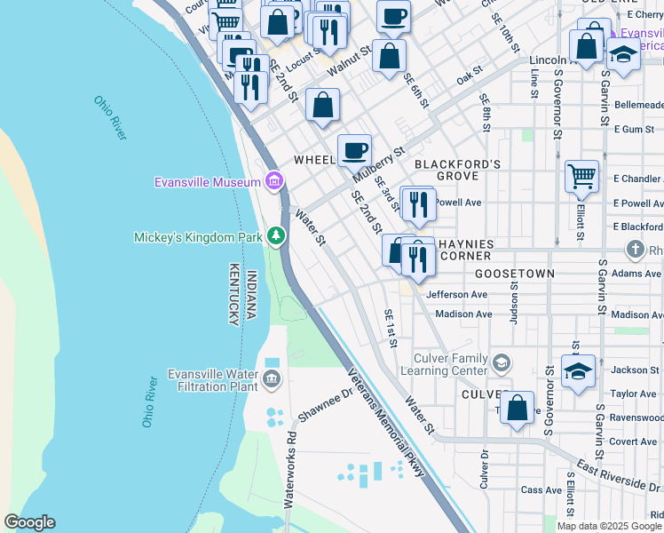 map of restaurants, bars, coffee shops, grocery stores, and more near 803 Southeast Riverside Drive in Evansville