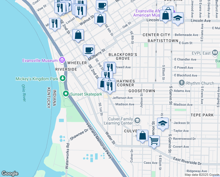 map of restaurants, bars, coffee shops, grocery stores, and more near 50 Adams Avenue in Evansville