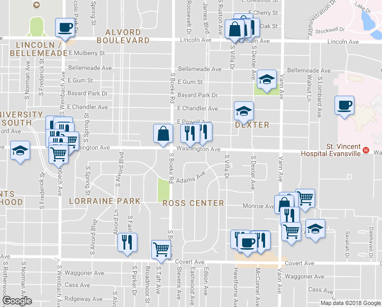 map of restaurants, bars, coffee shops, grocery stores, and more near 2509 Washington Ave in Evansville