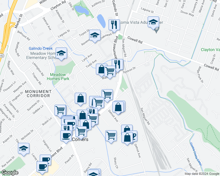 map of restaurants, bars, coffee shops, grocery stores, and more near 2650 Monument Boulevard in Concord
