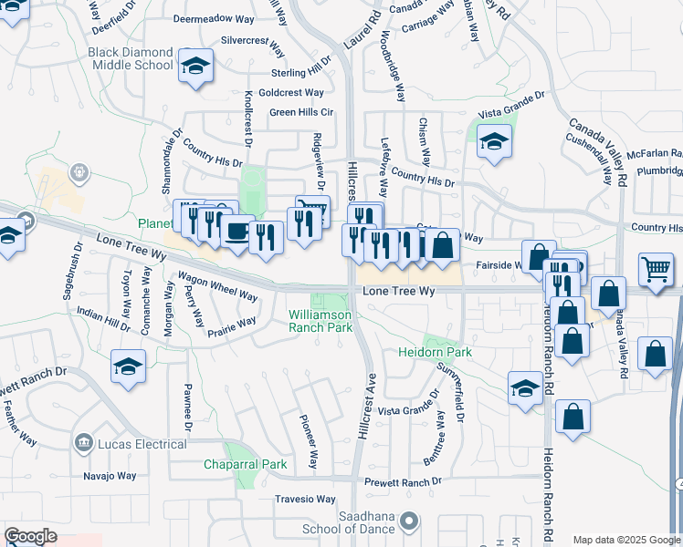 map of restaurants, bars, coffee shops, grocery stores, and more near 4901 Lone Tree Way in Antioch