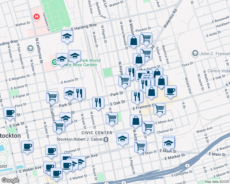 map of restaurants, bars, coffee shops, grocery stores, and more near 1130 East Park Street in Stockton