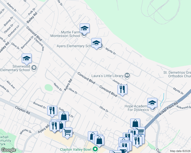 map of restaurants, bars, coffee shops, grocery stores, and more near 5149 Concord Boulevard in Concord