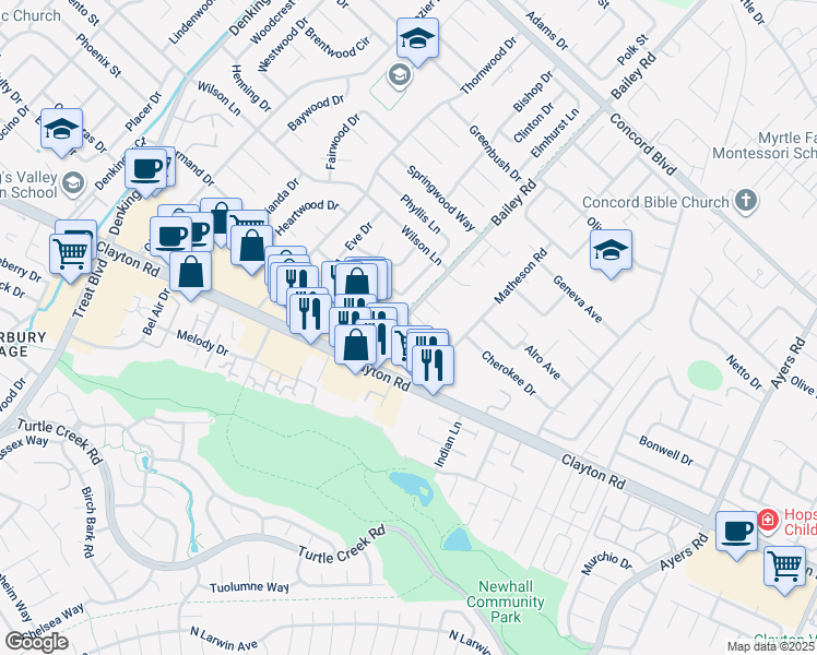 map of restaurants, bars, coffee shops, grocery stores, and more near 1522 Bailey Road in Concord