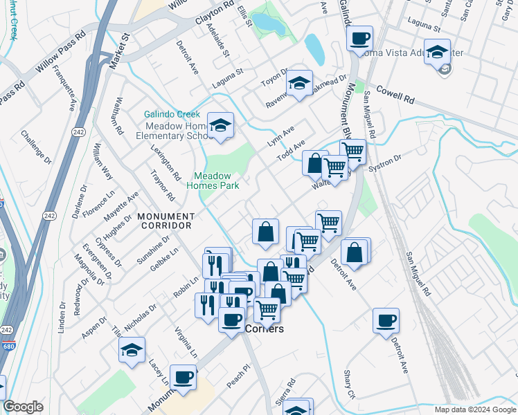 map of restaurants, bars, coffee shops, grocery stores, and more near 1243 Pine Creek Way in Concord