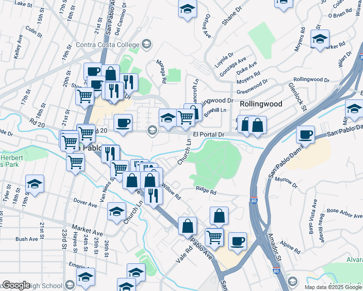 map of restaurants, bars, coffee shops, grocery stores, and more near 2645 Church Lane in San Pablo