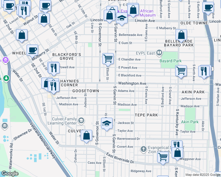 map of restaurants, bars, coffee shops, grocery stores, and more near 429 Adams Avenue in Evansville