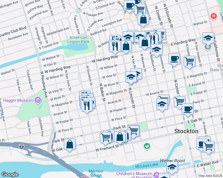 map of restaurants, bars, coffee shops, grocery stores, and more near 701 West Magnolia Street in Stockton
