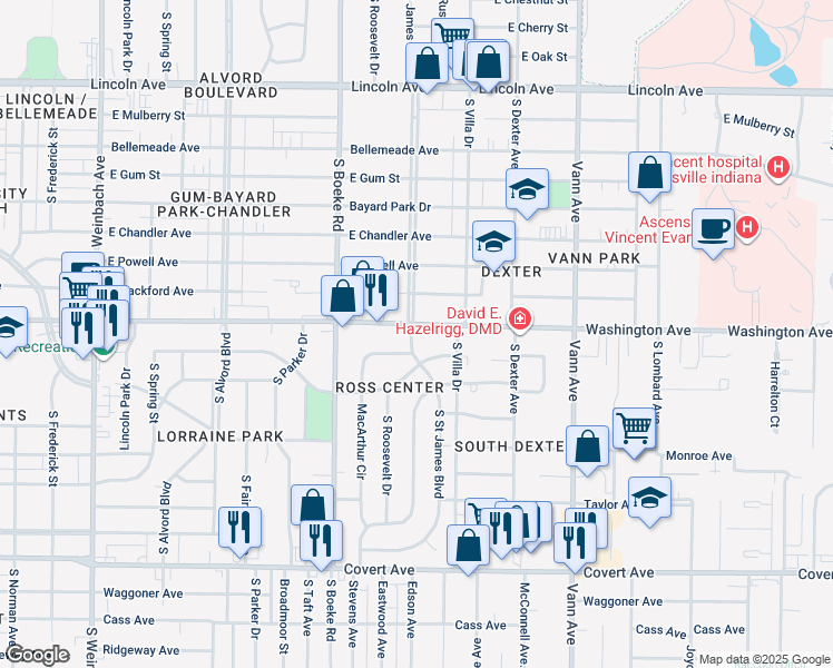 map of restaurants, bars, coffee shops, grocery stores, and more near 1004 South Saint James Boulevard in Evansville