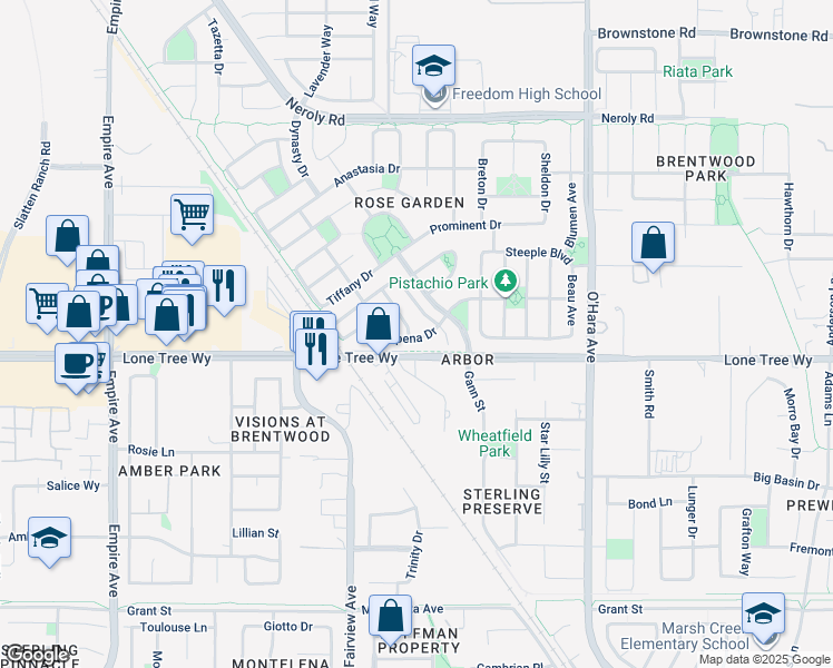 map of restaurants, bars, coffee shops, grocery stores, and more near 2520 Albertine Lane in Brentwood