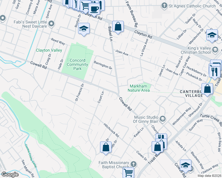 map of restaurants, bars, coffee shops, grocery stores, and more near 3793 Cowell Road in Concord