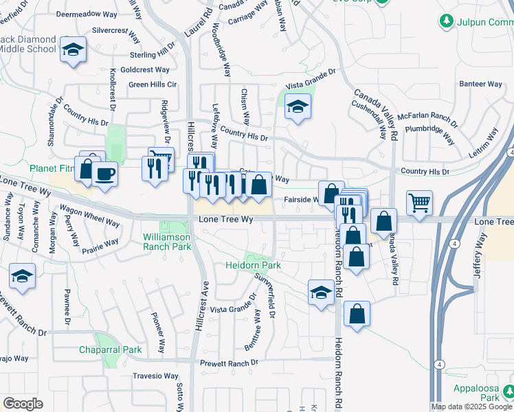 map of restaurants, bars, coffee shops, grocery stores, and more near 5085 Lone Tree Way in Antioch