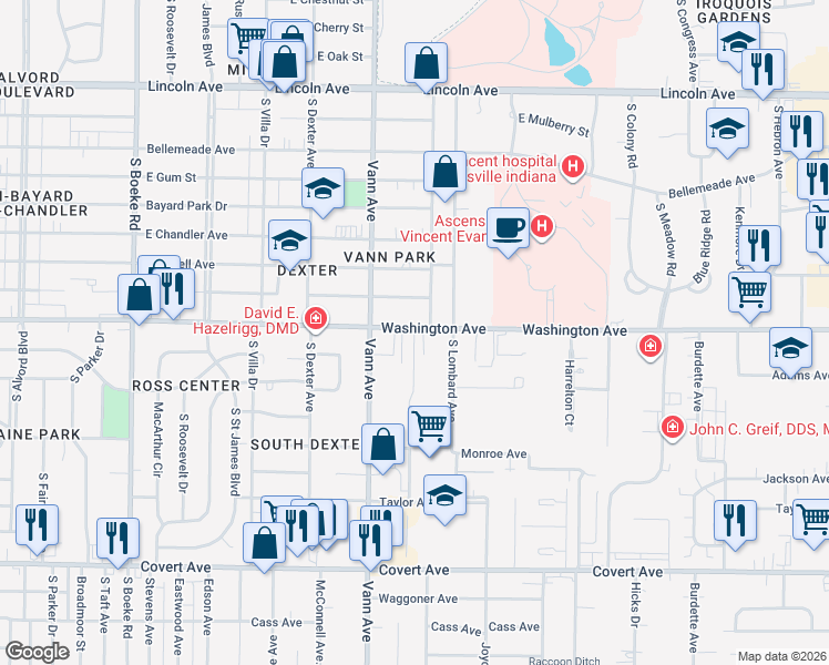 map of restaurants, bars, coffee shops, grocery stores, and more near 1012 Hatfield Drive in Evansville
