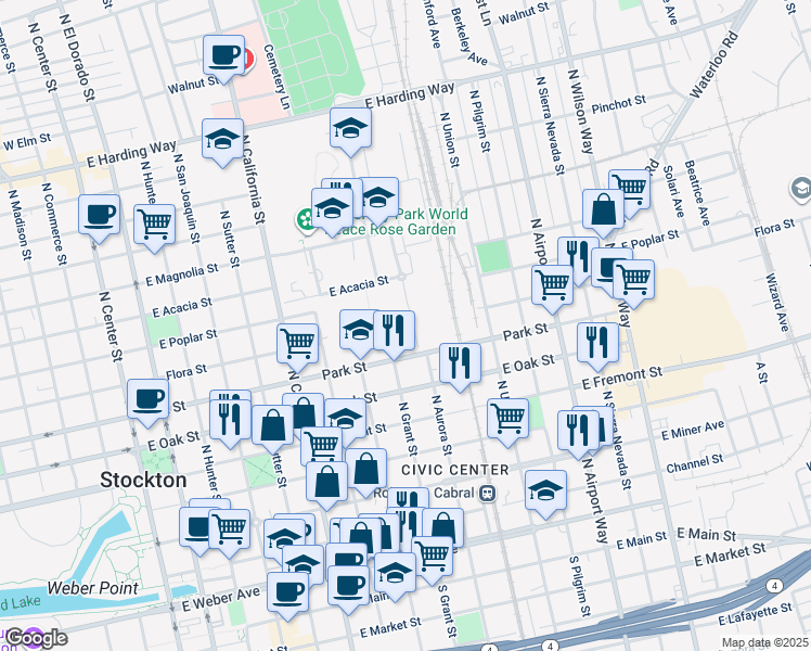 map of restaurants, bars, coffee shops, grocery stores, and more near 1008 Flora Street in Stockton
