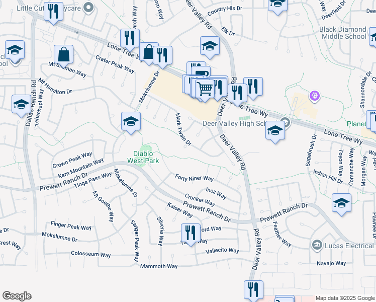 map of restaurants, bars, coffee shops, grocery stores, and more near 5116 Foley Court in Antioch