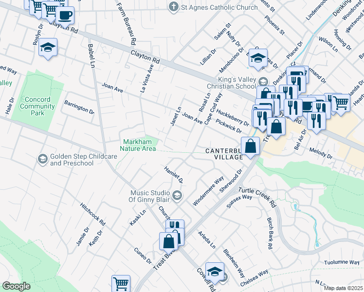 map of restaurants, bars, coffee shops, grocery stores, and more near 1363 Rosal Lane in Concord