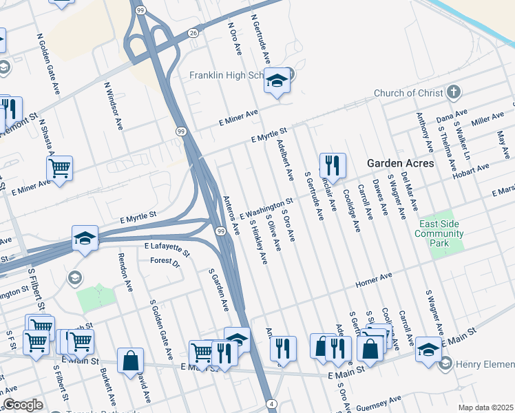 map of restaurants, bars, coffee shops, grocery stores, and more near 3923 Washington Street in Stockton
