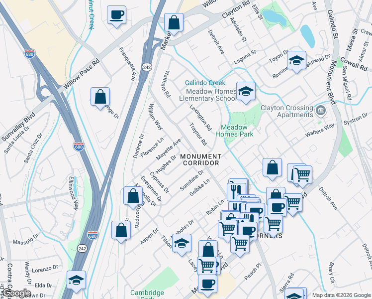 map of restaurants, bars, coffee shops, grocery stores, and more near 1321 Tapestry Lane in Concord